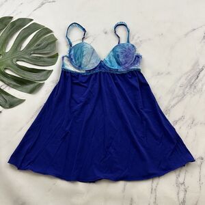 Womens Vintage Y2k Velvet Negligee Babydoll Top Size 32 B Blue Ruffle Trim